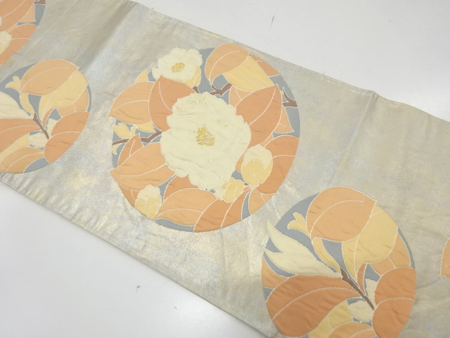 JAPANESE KIMONO / ANTIQUE FUKURO OBI / SILK / WOVEN CAMELLIA